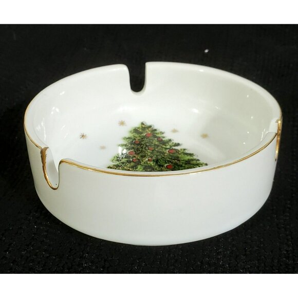 VTG Ashtray Christmas Tree Gold Trim Snowflake Ceramic Holiday George Good Japan - Picture 2 of 6
